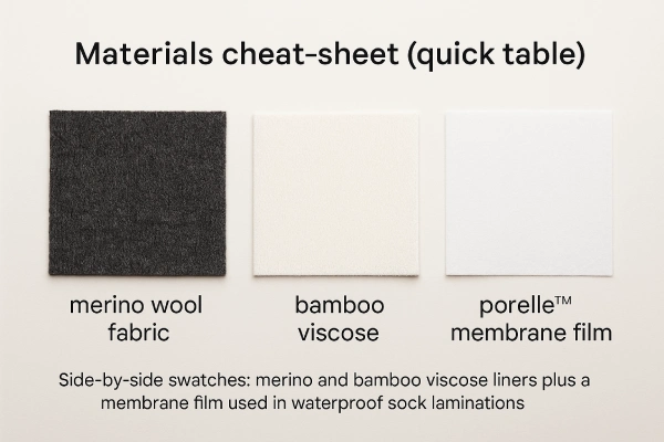 Side by side swatches merino and bamboo viscose liners plus a membrane film used in waterproof sock laminations