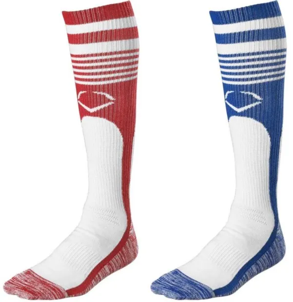 Baseball socks: red and blue knee-high with white stripes.