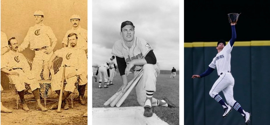 Baseball socks history: players from different eras showcase uniform evolution.