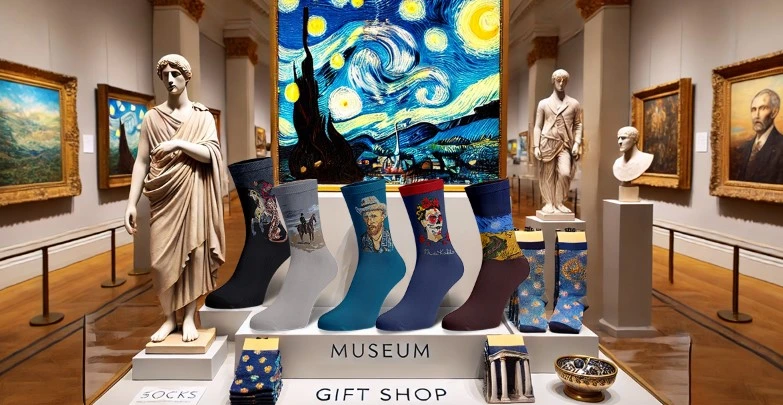 Custom socks with picture: Museum gift shop displaying custom socks with famous painting pictures.