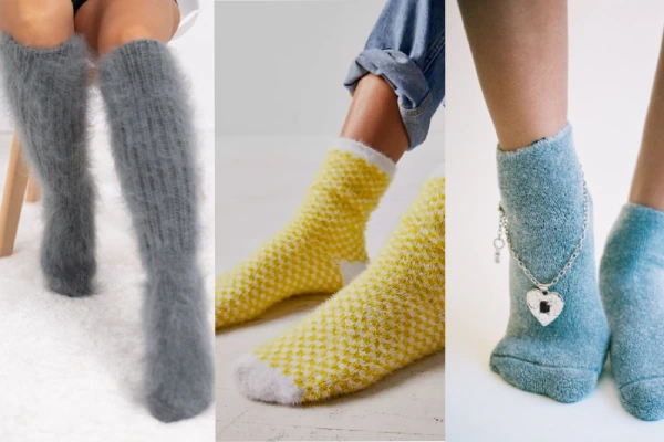 Different lengths of fuzzy socks:
Knee-high grey fuzzy socks, yellow fuzzy ankle socks, and light blue fuzzy socks.