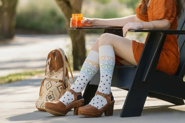 Knee high patterned compression socks worn with midi dress and loafers