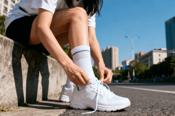 Low profile sneakers paired with crew compression socks for casual outfit