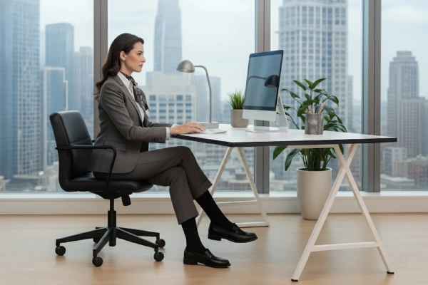 Woman wearing black knee high compression socks under dress pants in office outfit