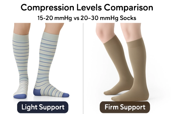 Comparison of 15–20 mmhg and 20–30 mmhg compression socks with labels showing light and firm support differences.
