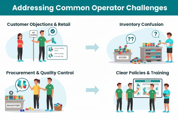Common operator challenges such as customer resistance, inventory issues, and grip wear, with operational solutions