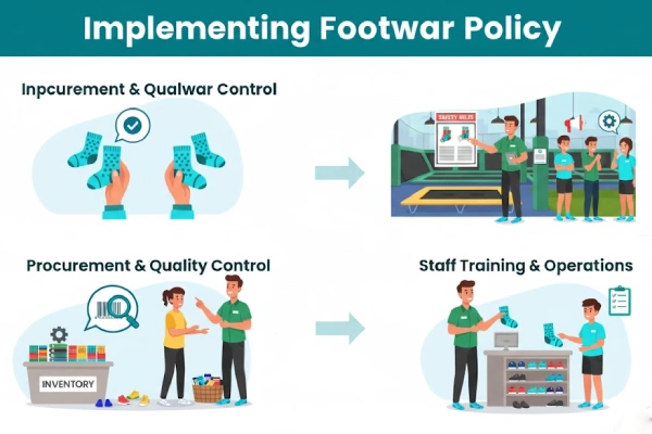 Implementation process for a trampoline park’s footwear program including procurement, training, and long term management