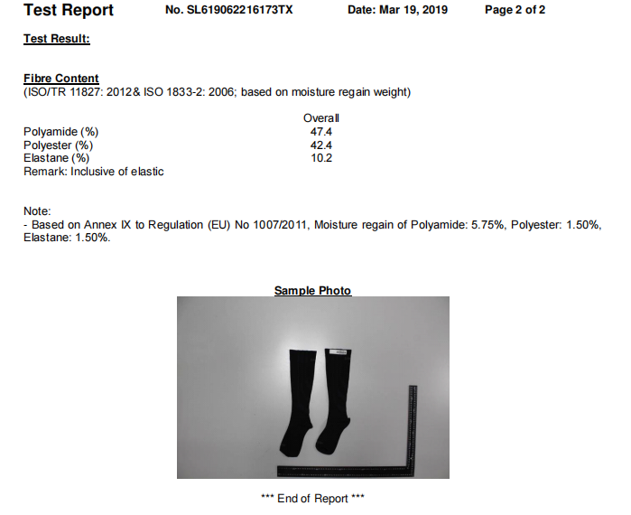 A composition test report for black nylon compression socks by SGS.