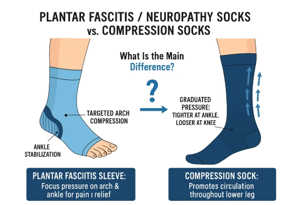 Side by side illustration comparing a toeless plantar fasciitis neuropathy foot sleeve with a full length graduated compression sock