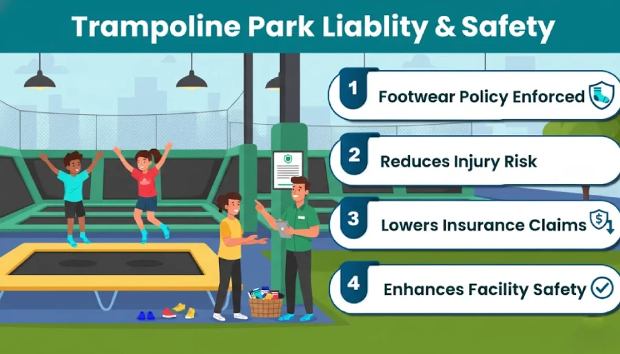 Trampoline park safety compliance and liability management showing how footwear policies reduce insurance risks