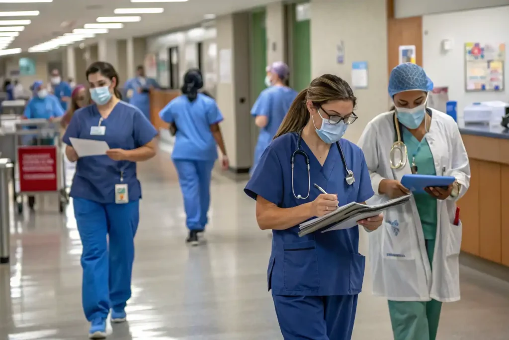 Nursing compression stockings worn by healthcare workers for comfort and support during long shifts.