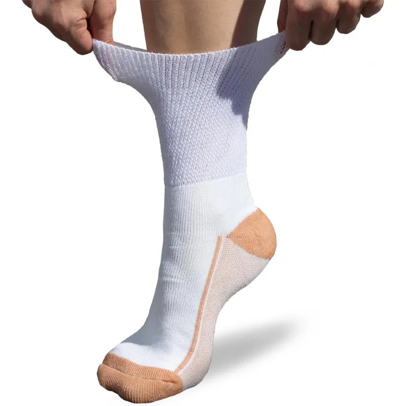 Copper-infused diabetic socks white with copper thread for enhanced circulation and odor control.
