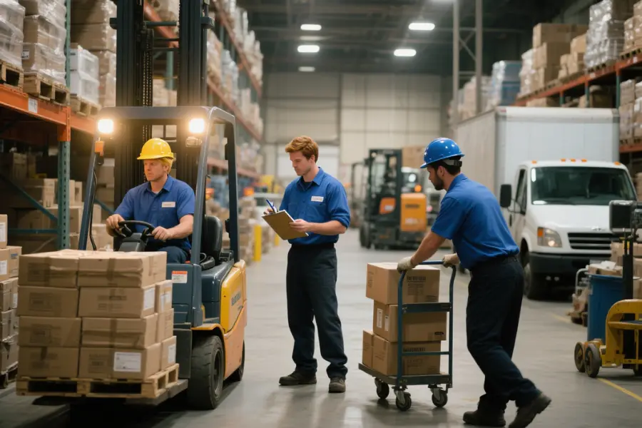 Heavy-duty industrial wear worn by warehouse workers for safety and efficiency in a busy environment.