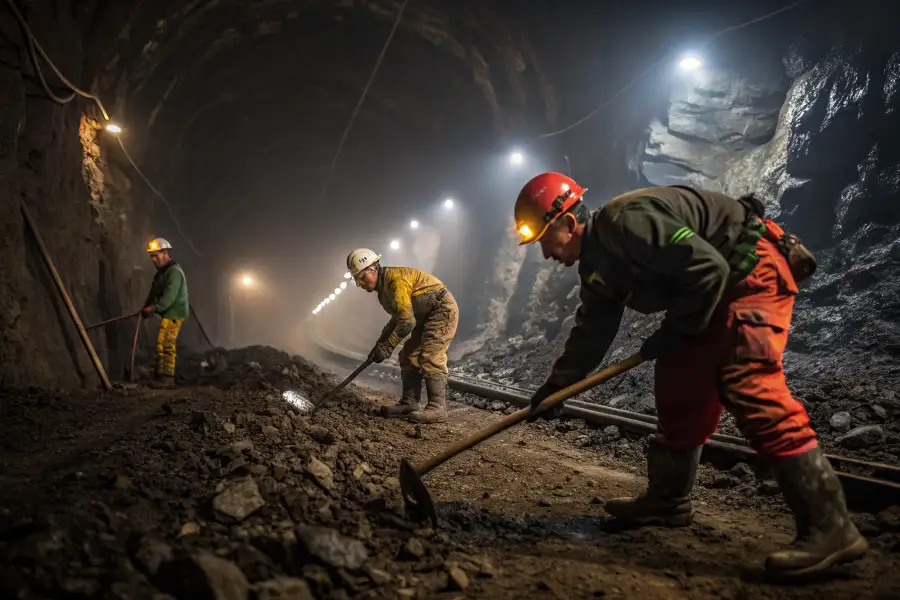 Thermal work socks worn by miners for warmth and comfort in challenging underground conditions.