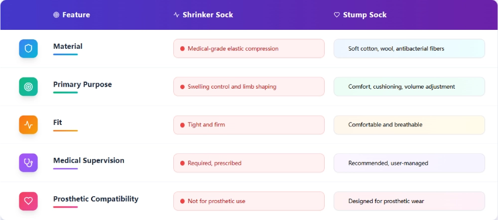 Comparison chart showing key differences between stump socks and shrinker socks in terms of function, material, usage time, and patient stage.