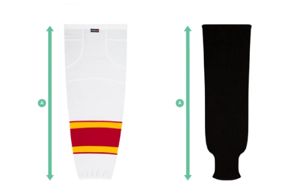 Hockey sock sizing method showing various sock lengths for different player heights and shin guard sizes