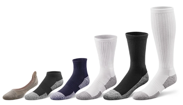Image displaying various types of diabetic socks including no show, ankle, crew, and knee high styles arranged side by side