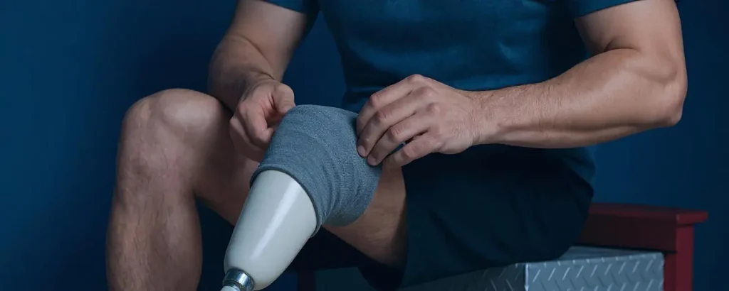 Prosthetic socks user adjusting grey liner on below-knee prosthetic leg for secure fit.