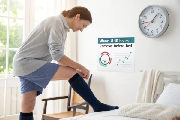 Putting on compression socks in the morning with daylight and clock