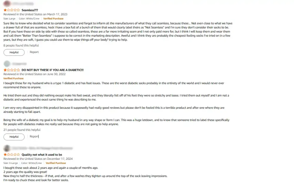 Screenshot showing online reviews highlighting common diabetic sock complaints, such as falling down constantly, losing shape after washing, and uncomfortable material