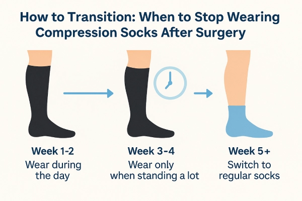 Step by step guide illustration showing how to gradually transition from compression socks to regular socks