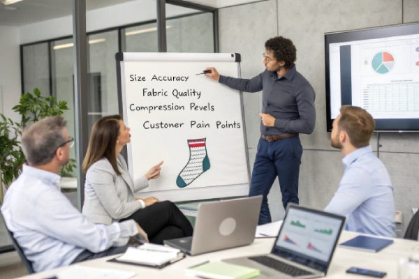 Team reviews compression socks and data to improve product strategy