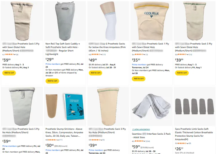 Various stump sock styles displayed on online medical supply stores