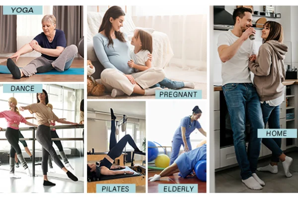 Diverse users wearing grip socks athlete, pilates student, elderly patient