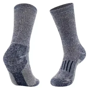 A pair of grey men's merino wool socks showing the cushioned heel and arch support sections