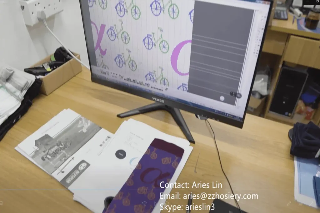 Pattern drawing software showing bicycle sock design on screen