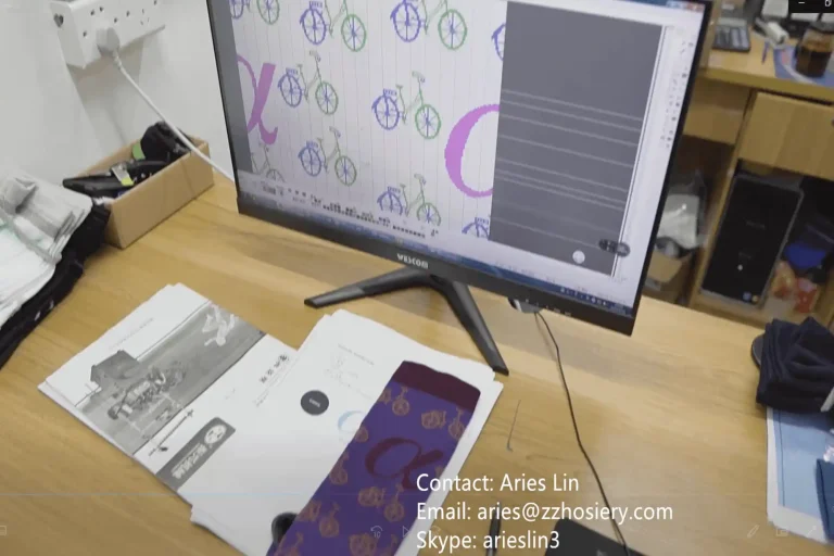 Pattern drawing software showing bicycle sock design on screen