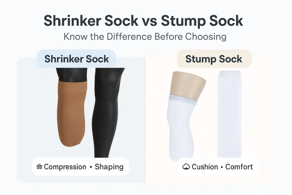 Side-by-side image of person wearing shrinker sock and stump sock for post-amputation care comparison