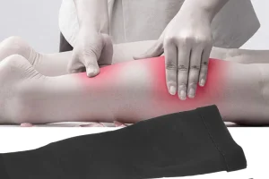 person feeling leg pain after compression socks