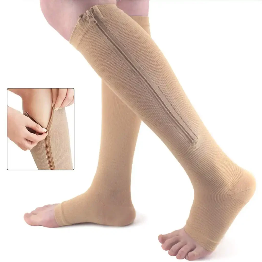 Zipper compression socks in beige with easy-on zipper closure for leg support