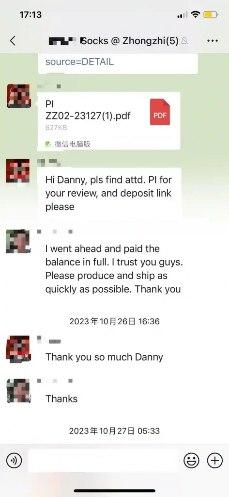 Compression socks client pays balance in full, confirms trust, requests fast production and shipping