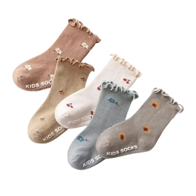 Non Slip Socks for Infants with Ruffle Cuffs and Floral Patterns