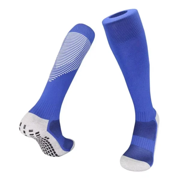 Blue anti-slip football socks with grey pads for superior grip and stability during play.