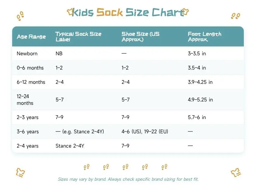 Baby socks size chart reference