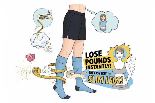 Compression socks for weight loss concept with slimming legs illustration.