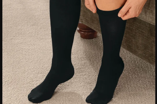 A person putting on black compression socks.