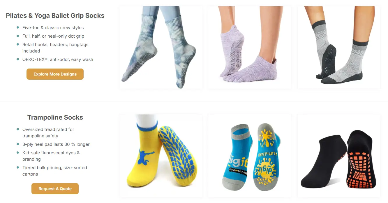 Custom grip socks in various styles for pilates, yoga, ballet, and trampoline activities.