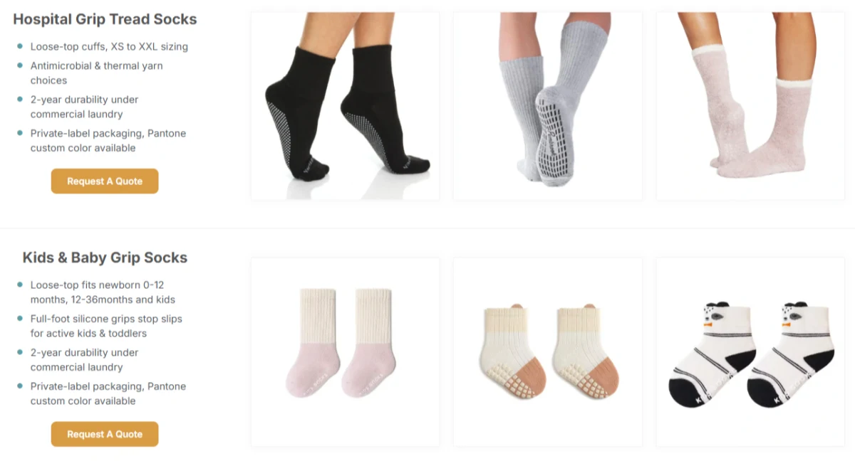 Custom grip socks, including hospital tread socks and kids & baby grip socks.