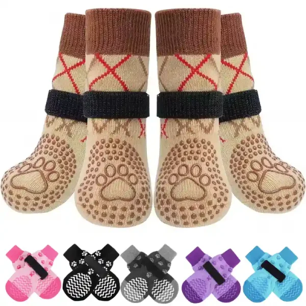 Non slip dog socks with paw prints and adjustable straps.