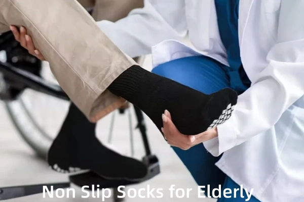 non slip medical socks being worn by a patient with assistance from a doctor.