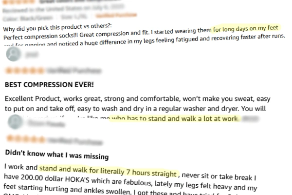 Reviews from Amazon about walking with compression socks and their benefits for long days on your feet.
