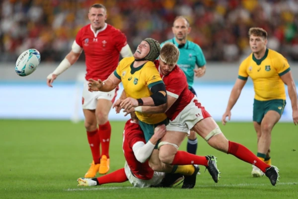 Two rugby players wearing shin guard sleeves tackle an opponent during a match.