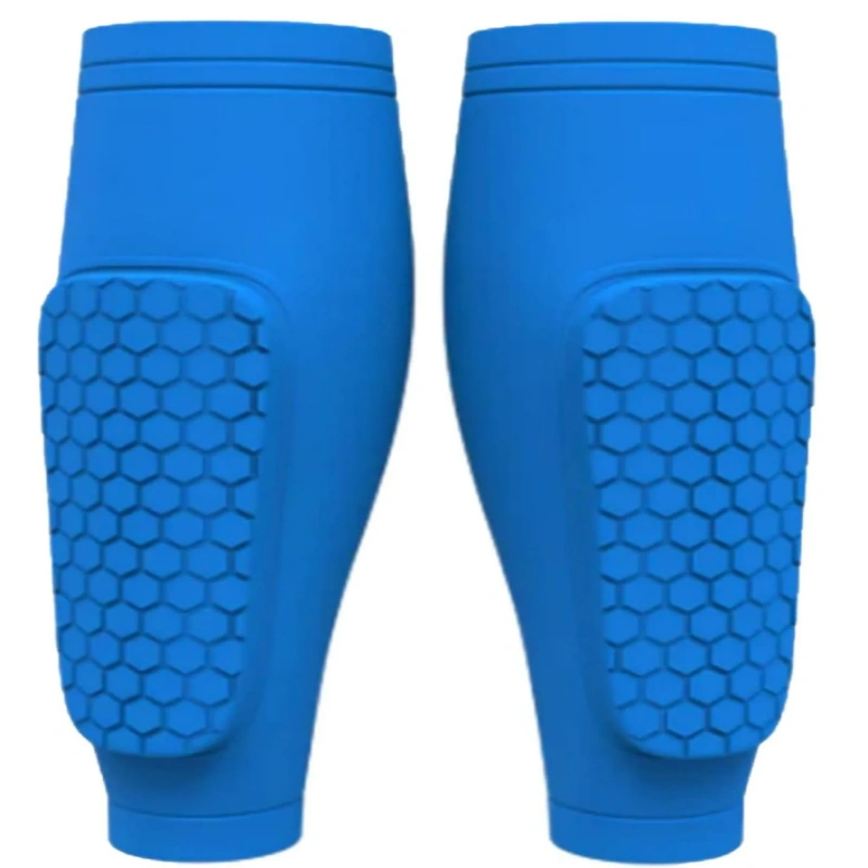 Blue shin guard sleeves with honeycomb padding for soccer and other sports.