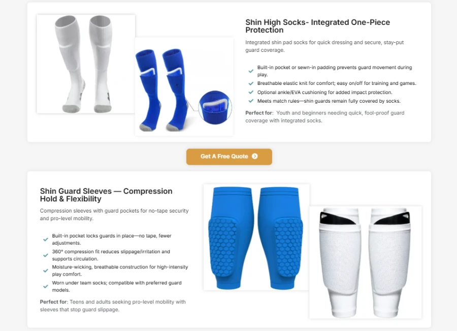 Shin pad socks options for football and soccer