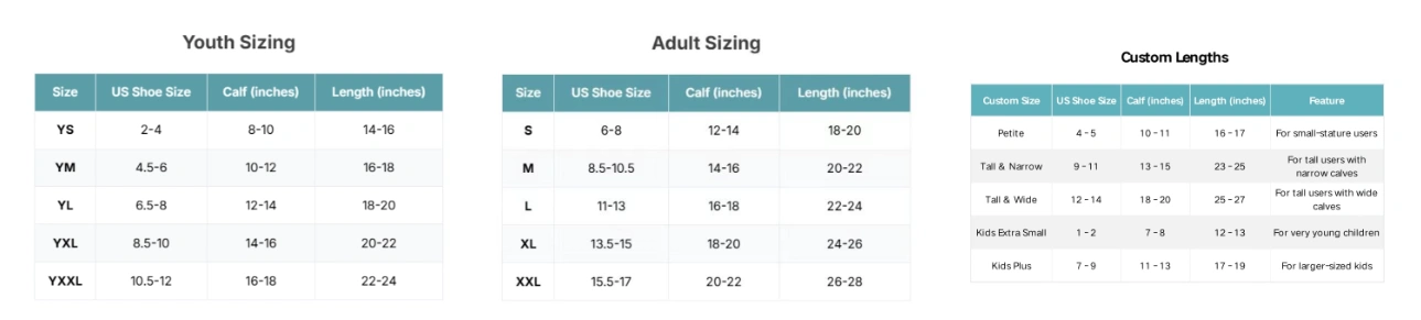 Size chart for football grip socks, including youth, adult, and custom lengths.