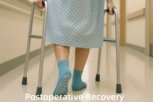 socks for hospital patients using a walker in a hospital hallway.
